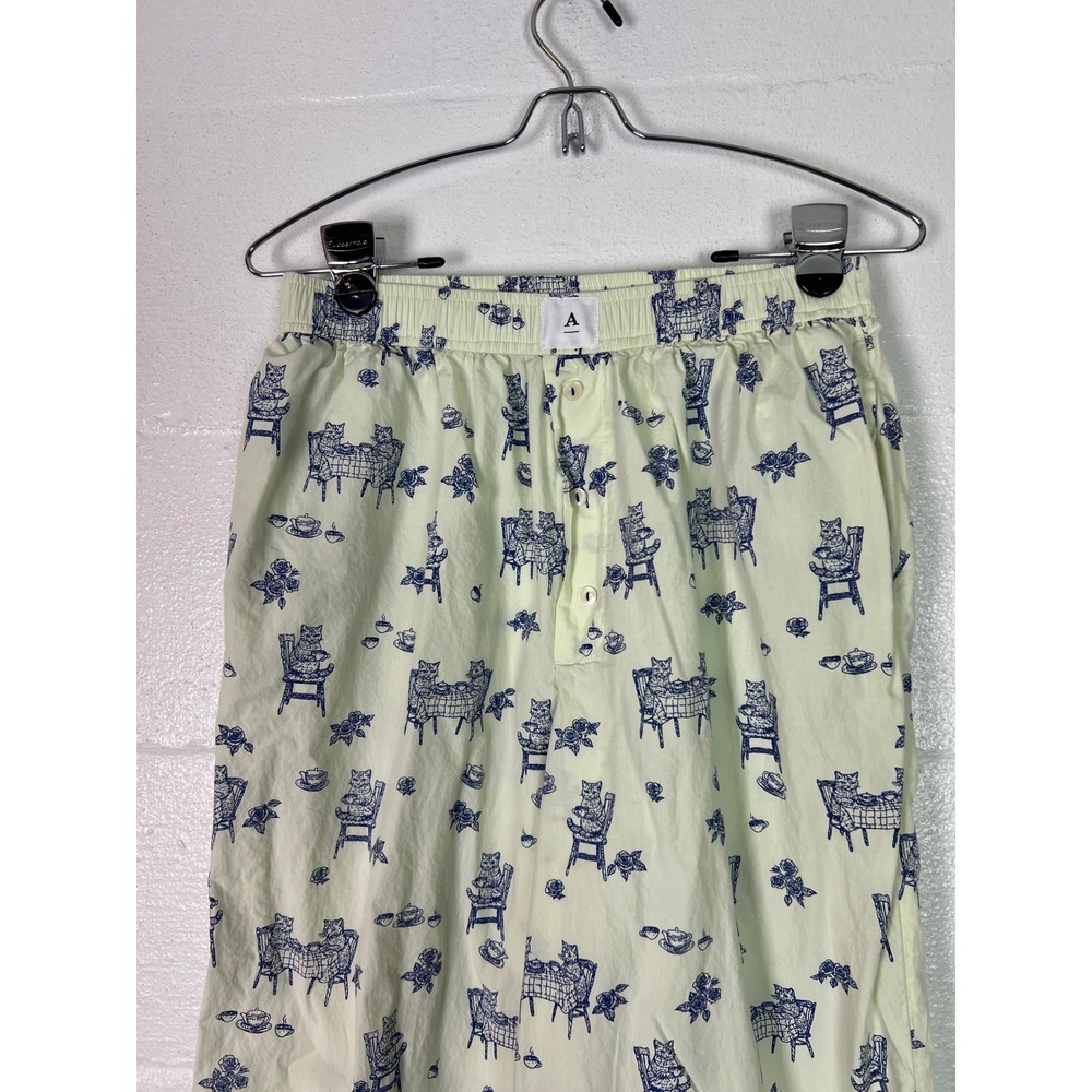 Anthropologie Cat Tea Party Pajama Pants Green Blue Toile Cotton Wide Leg Small - Picture 2 of 6